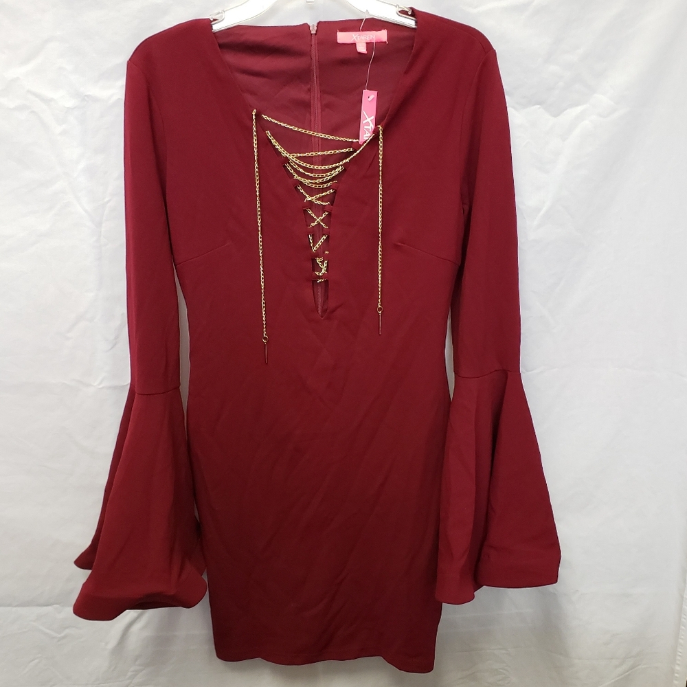 Xtaren Bell Sleeve Lg Maroon Fitted Corset Mini Dress Gold Metal Lace Up Women